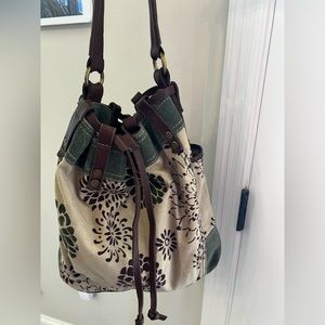 Lucky Brand Vintage inspired leather and cloth Hobo Drawstring Bag